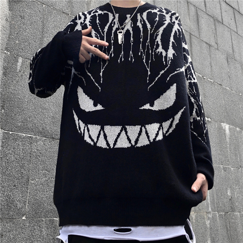 Woherb Harajuku Black Sweater Women Lightning Devil Knitted Jumper Oversize Pullover Hip Hop Streetwear 2022 Autumn Sweaters alx