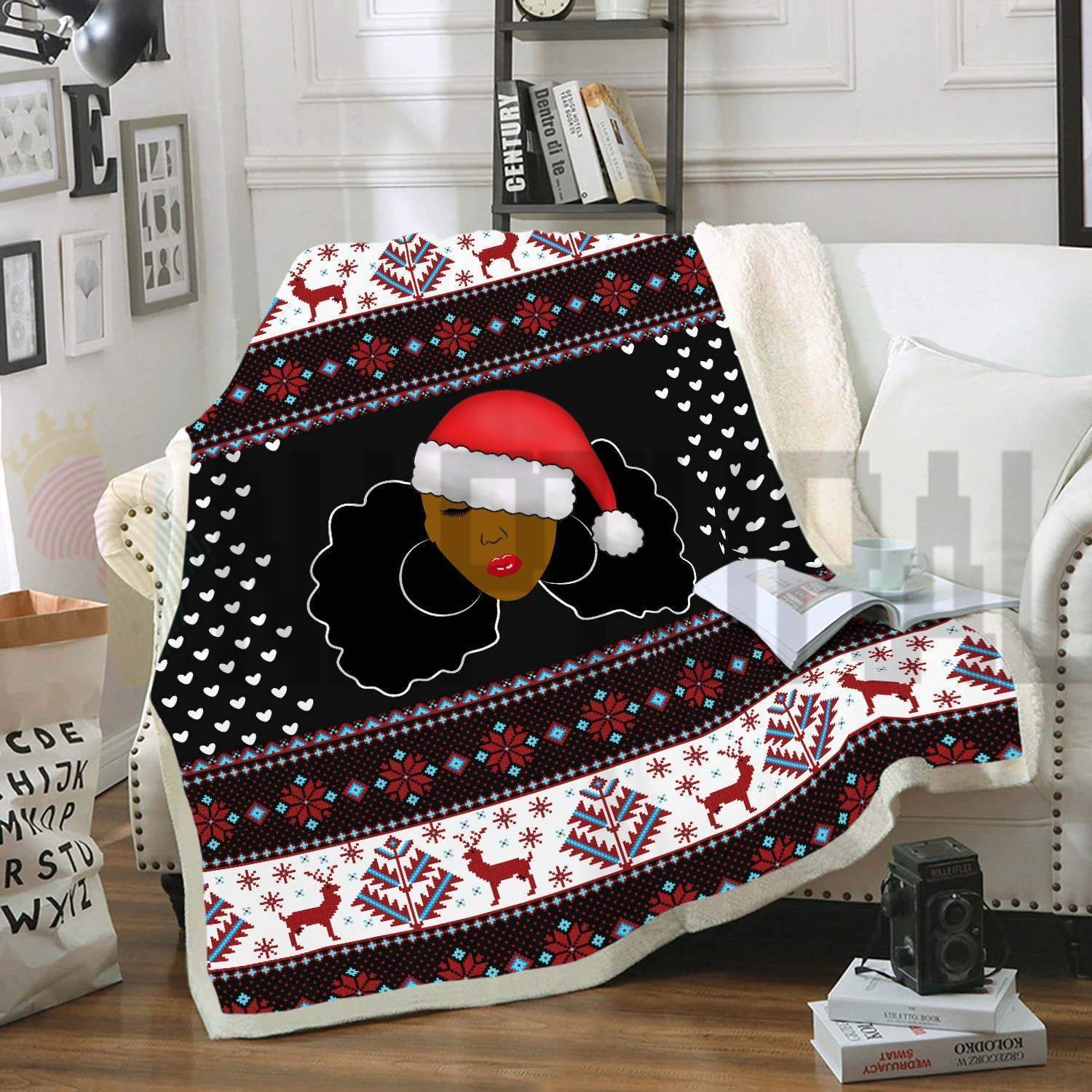 Melanin Black Women Christmas Style Ugly Cozy Fleece Blanket Sherpa Blanket