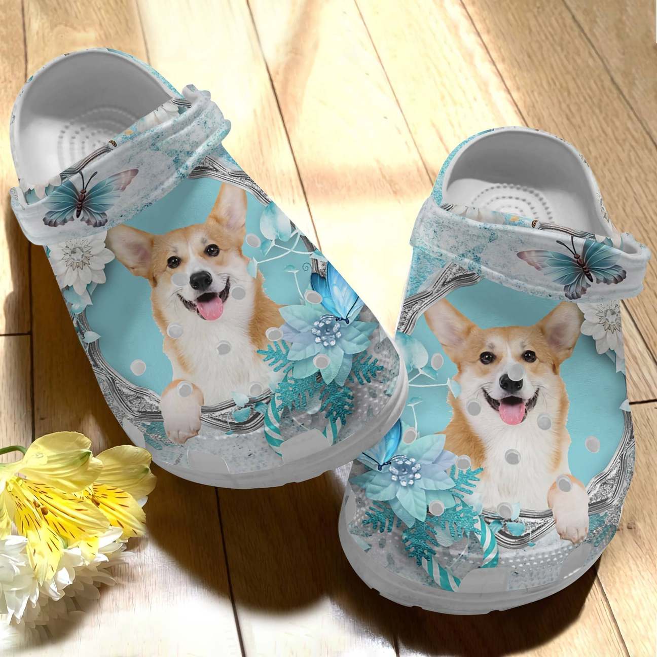 Corgi Personalized Clog, Custom Name, Text Corgi Blue Butterfly, Fashion Style For Women, Men, Kid, Print 3D