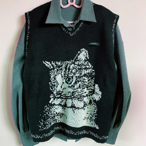 Hikigawa Woman Sweaters Y2k Aesthetic Sleeveless Vintage Women Tops Oversized Cat Print Vests Elegant Harajuku Cute Sweater Vest alx