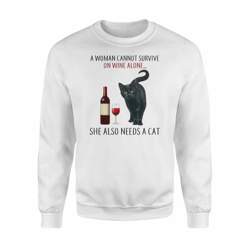 A Woman Cannot Survive On Wine Alone She Also Needs A Cat Meowy Christmas Kitten Funny Xmas Gift – Graphic Design Fleece Sweatshirt