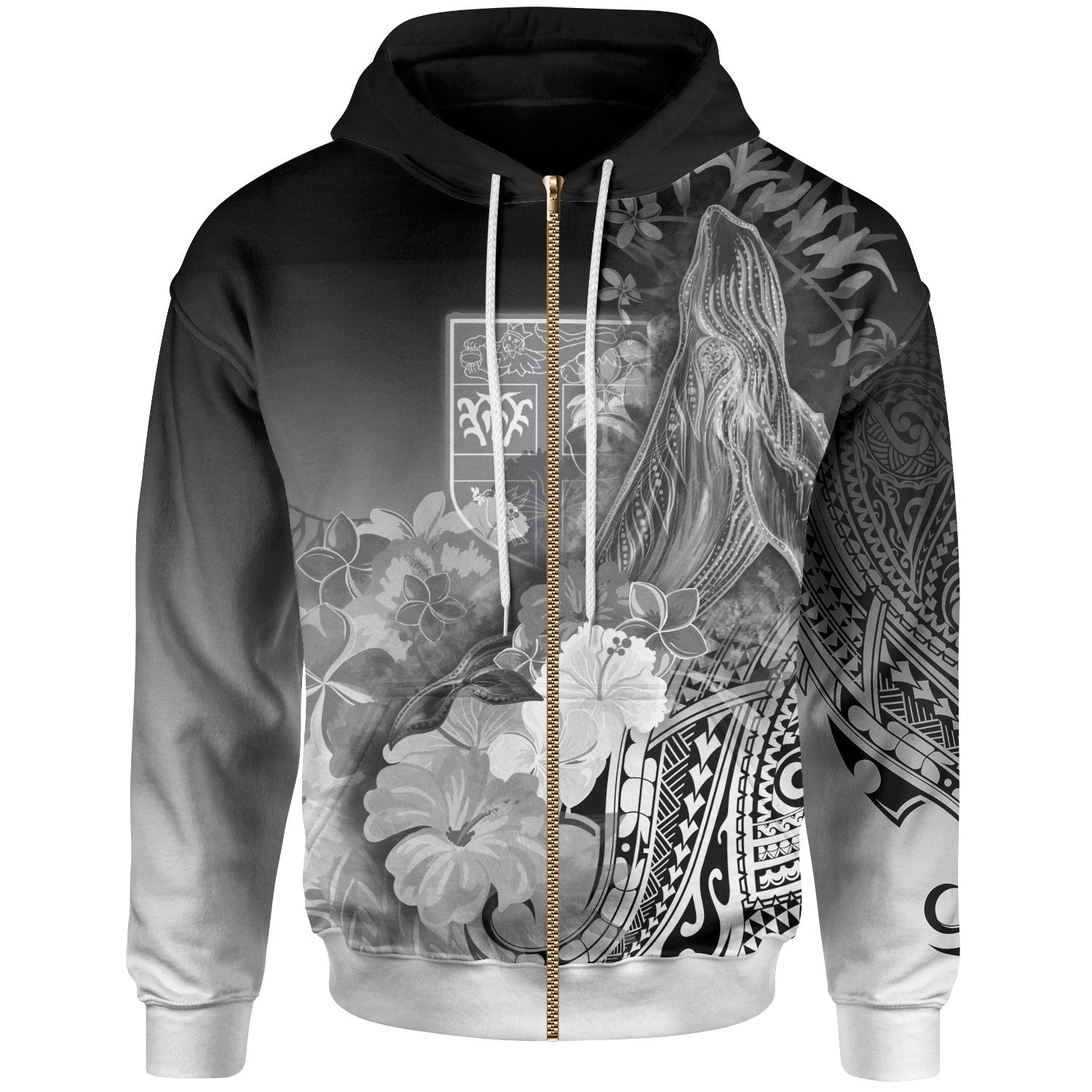 Fiji Zip-Up Hoodie – Humpback Whale With Tropical Flowers (White)