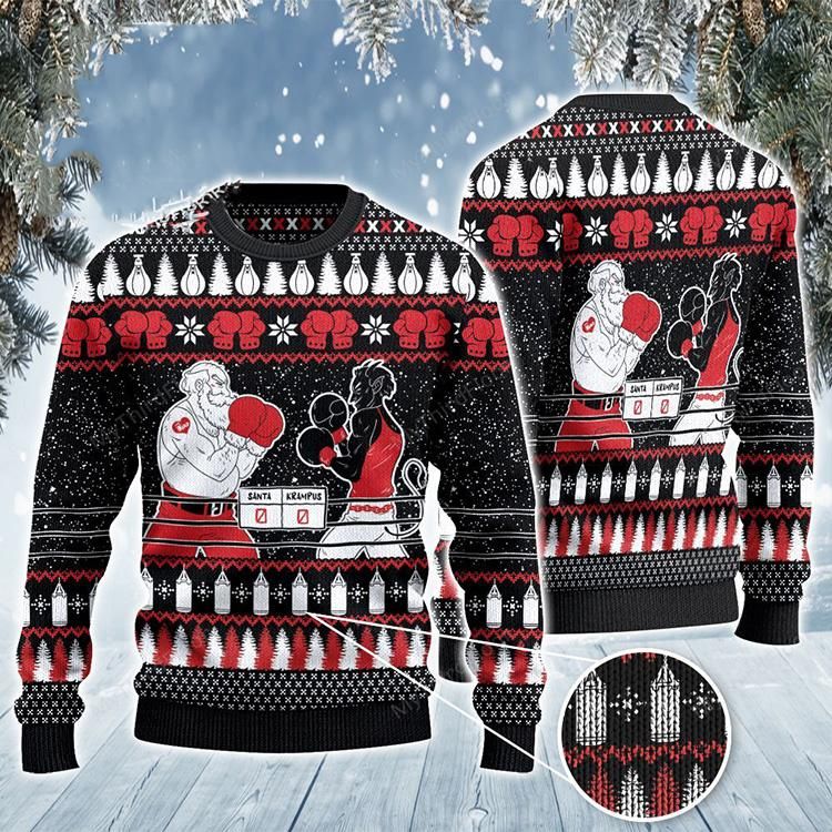 Boxing Santa And Krampus Ugly Christmas Wool Sweater