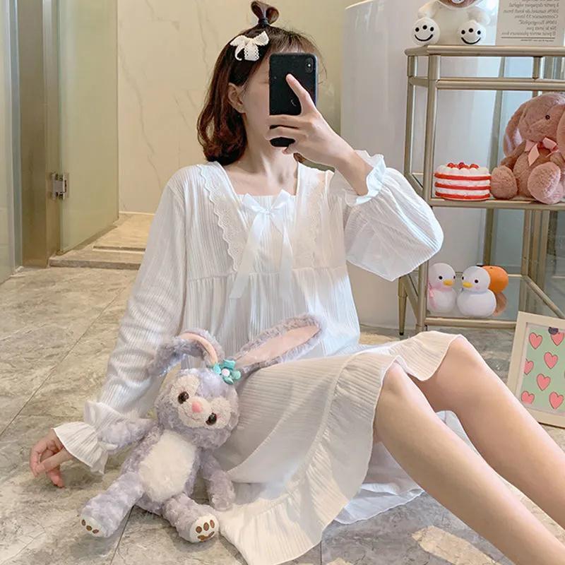 Spring Lace Patchwork Nightgowns Women Long Sleeve Princess Sleepshirts Square Collar Over Knees Lounge Comfortable Nightdress alx