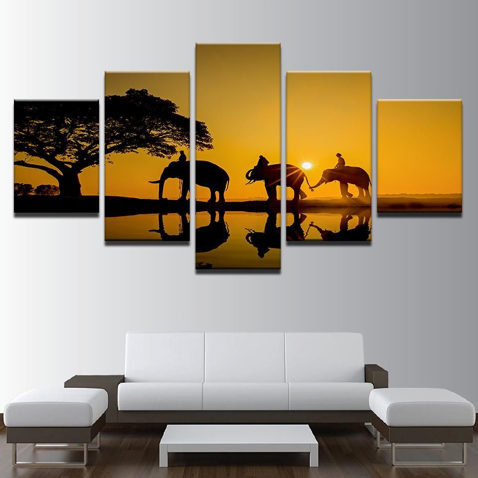 Sunrise Tree Elephant Lake Animal 5 Panel Canvas Art Wall Decor