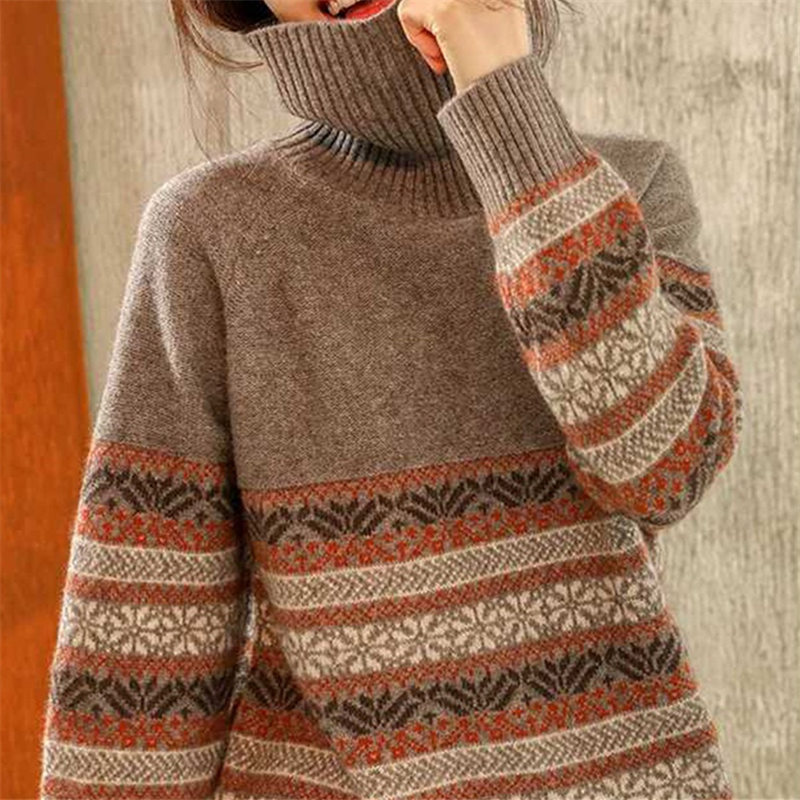 Turtleneck Cashmere Sweater Women Thickened Loose Pullover Sweater Colorblock Knitted Bottoming Sweater Sweater Large Size alx