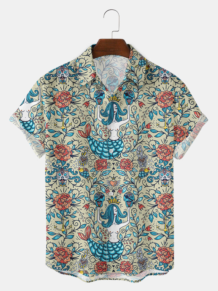 Men’S Mermaid And Flower Tattoo Print Shirts