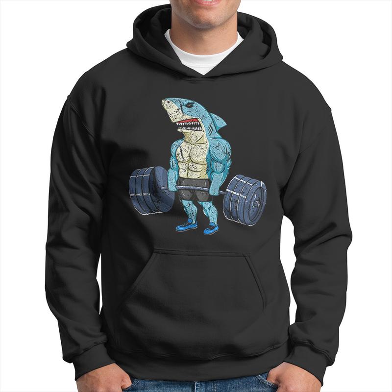 Vintage Shark Weightlifting Fitness Men Hoodie Graphic Print Hooded Sweatshirt