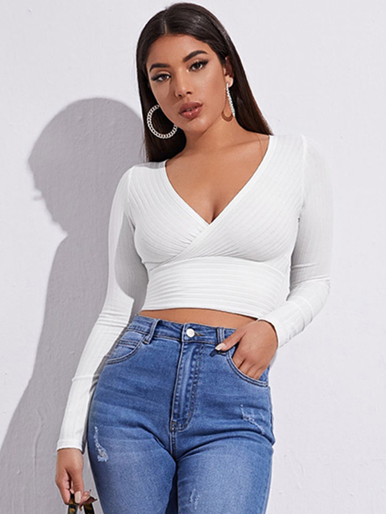 Women Casual Solid Long Sleeve Crop T-shirt Fashion V-Collar Bare Midriff Stretch Tops Ribbed Knitted Elastic Slim Skinny Tees alx