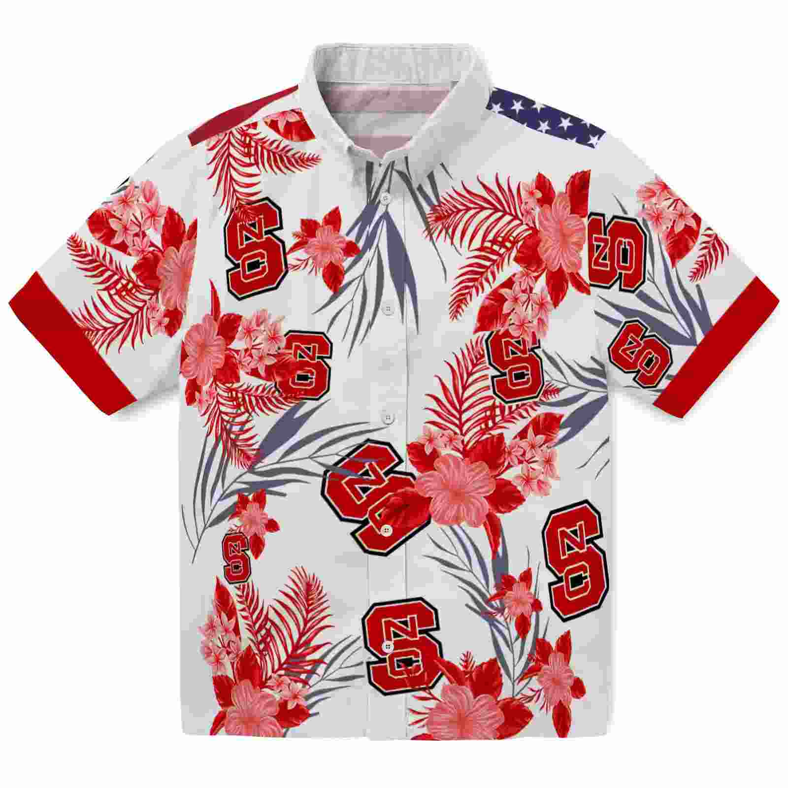 Nc State Wolfpack Patriotic Hibiscus Design Red White Hawaiian Shirt
