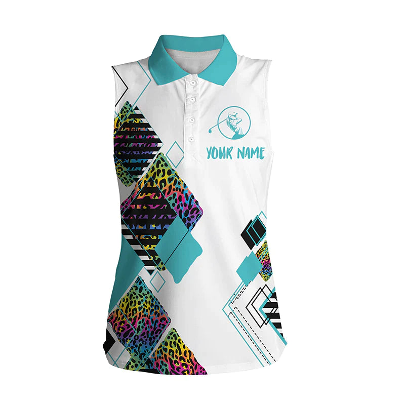 Women’S Sleeveless Golf Polo White Shirt, Colorful Leopard Pattern Custom Name Golf Gift For Women