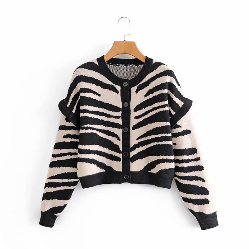 Zebra Print Ladies Cardigan Knitted Coat Fashion Woman Long Sleeve O Neck Korean Thick Sweater Autumn Loose Jacket Streetwear alx