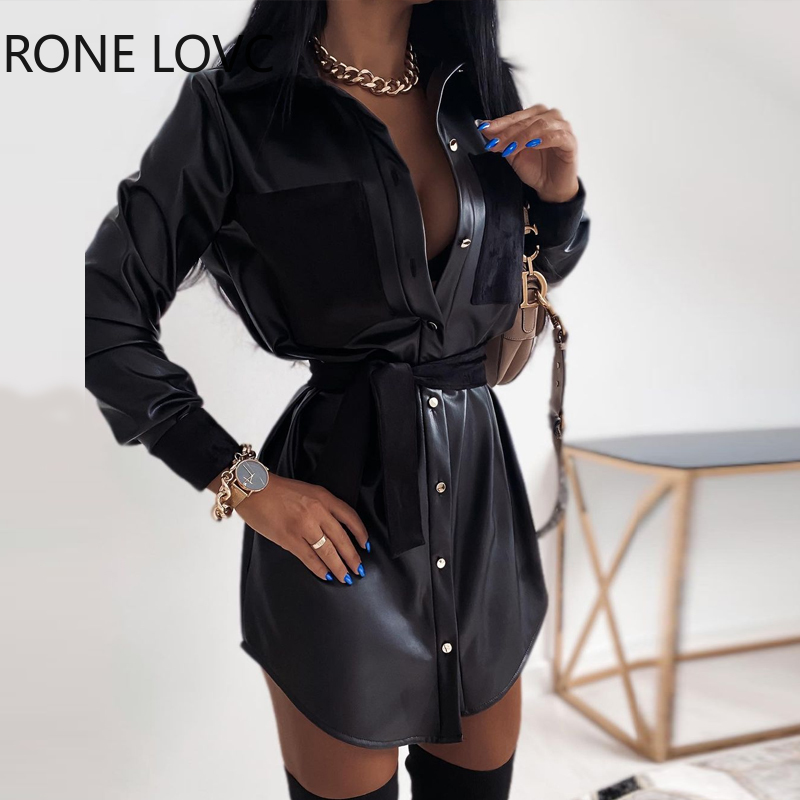 Women Long Sleeve Solid Solid Button-down Shirt PU Dress Dress Elegant Fashion Party Dress alx