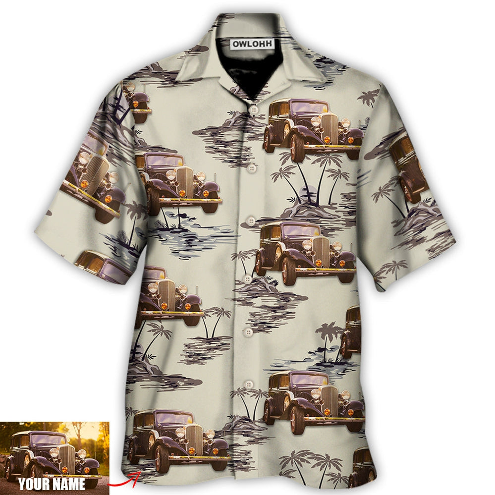 Vintage Car Deserted Island Pattern With Palm Trees Custom Photo – Hawaiian Shirt  – Owl Ohh