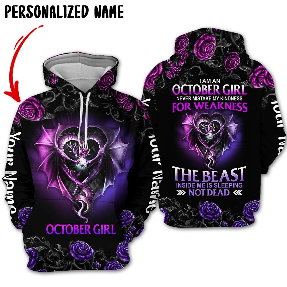 Presonalized Name Birthday Outfit October Girl 3D All Over Printed Dragon Love Flower Birthday Shirt