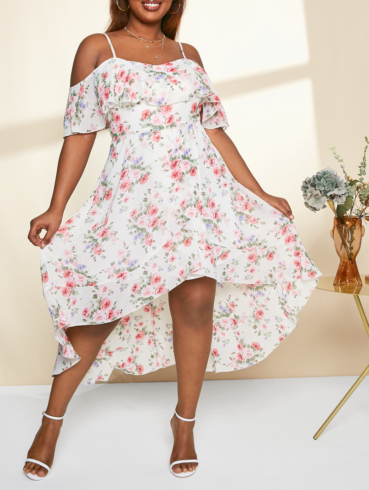 Women Overlap Flower Dresses Midi Cold Shoulder Floral Printed High Low Vestido Feminino alx