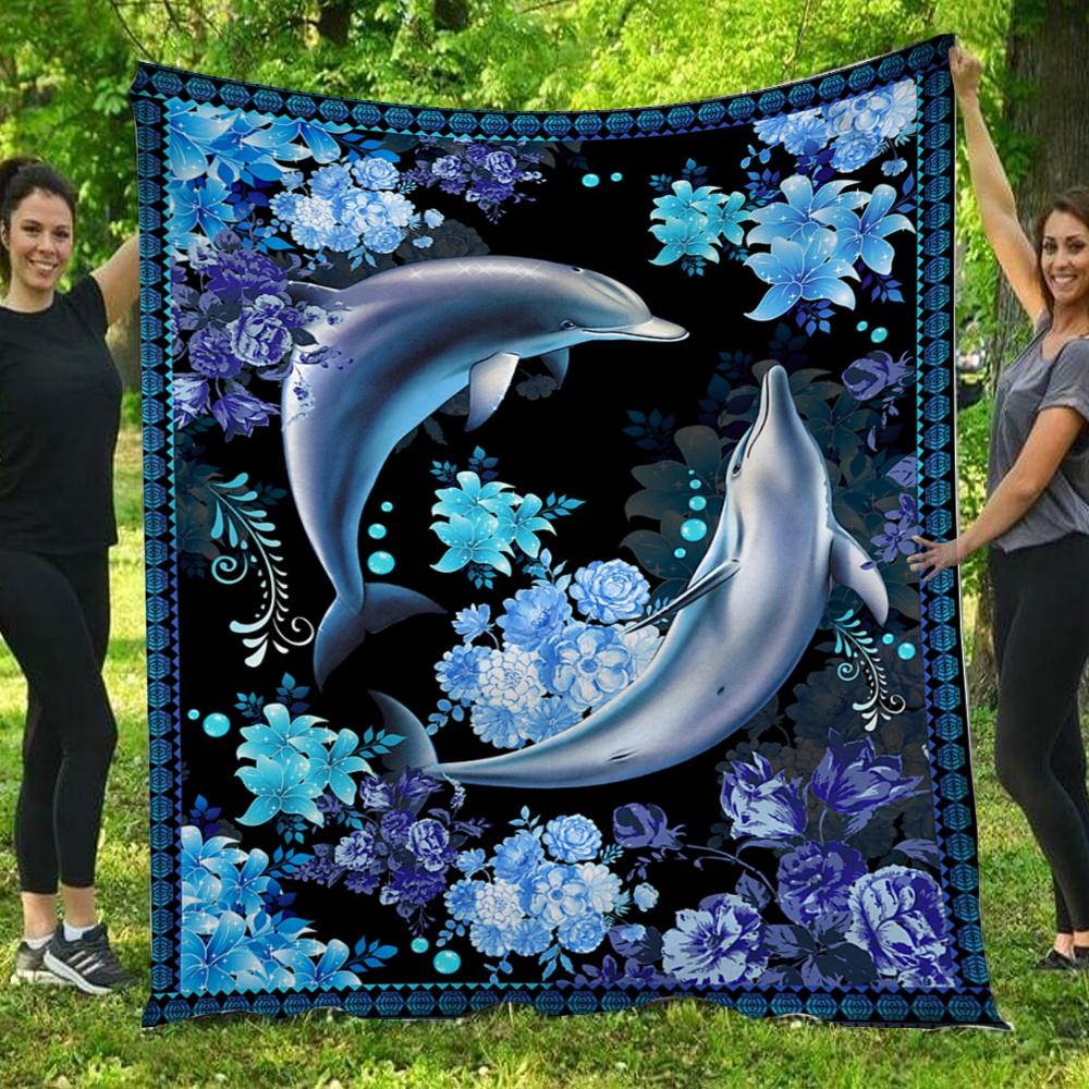 Dolphins Flowers Border  Gift – Fleece Blanket