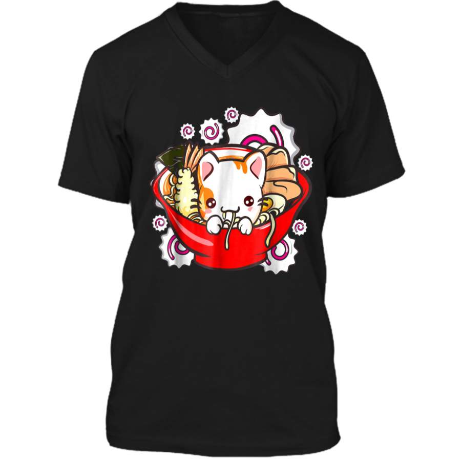 Cute Kawaii Cat Ramen Bowl Japanese Anime Kitten Tee Mens Printed V-Neck T