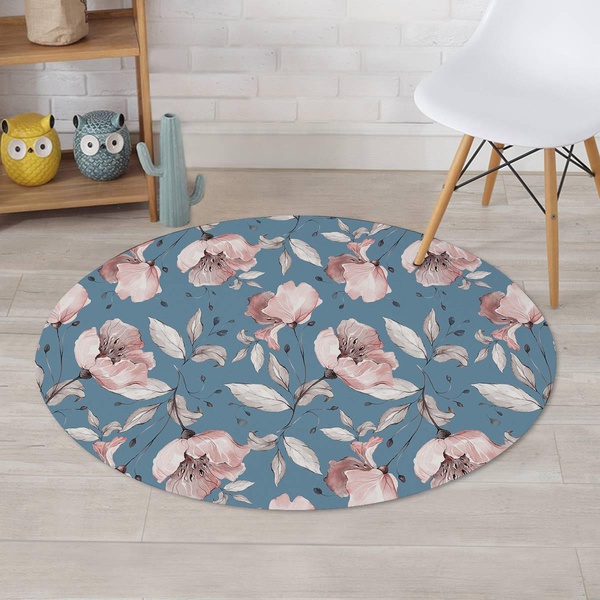 Blue Vintage Floral Print Round Rug