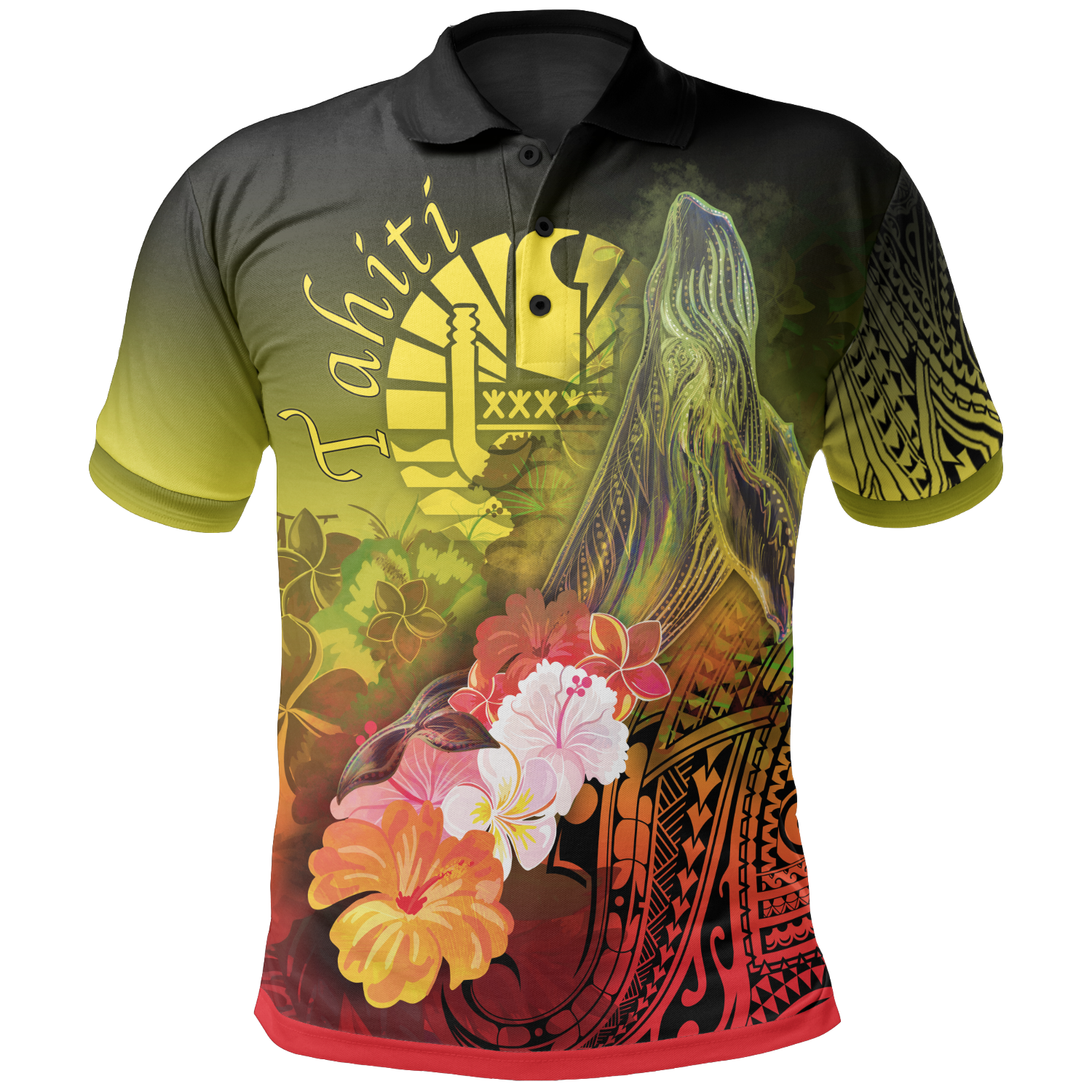 Tahiti Polo Shirts – Humpback Whale with Tropical Flowers (Yellow)- BN18