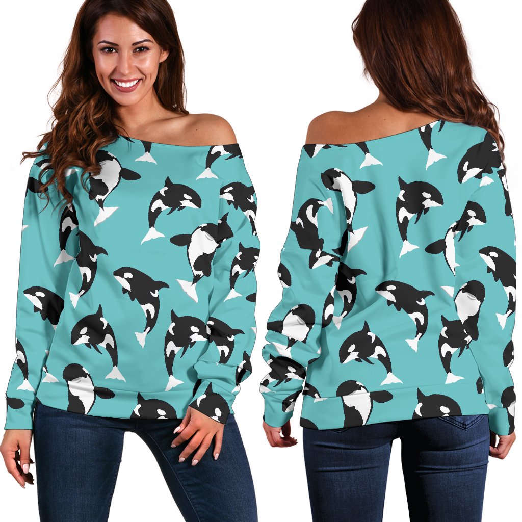 Whale Action Design Themed Print Off Shoulder Sweatshirt