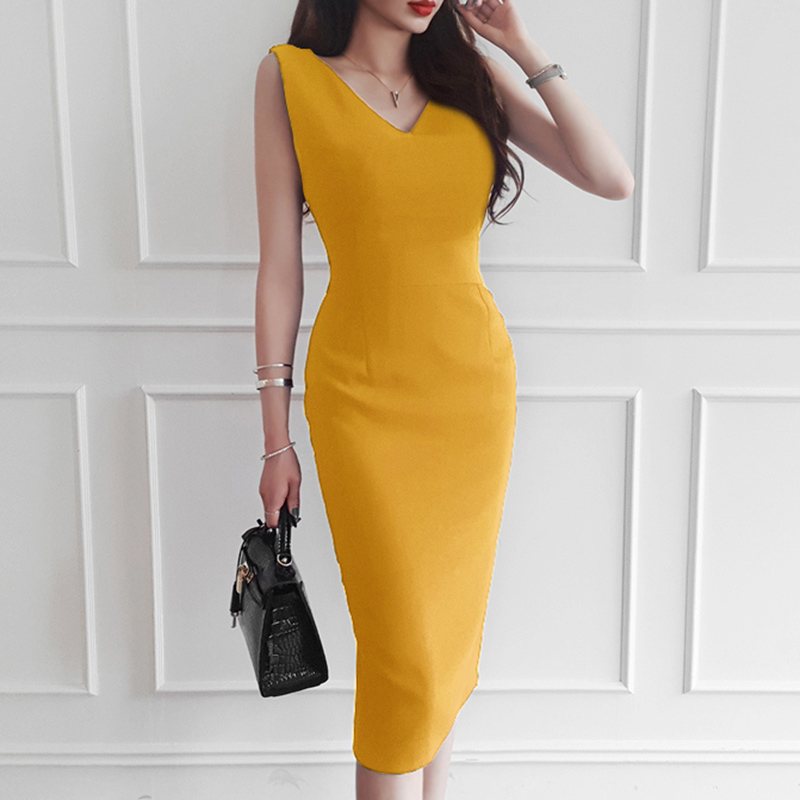 Brief Style Women Yellow V-neck with Slit Sleeveless Bodycon Formal Office Lady Work Dress Club Summer alx