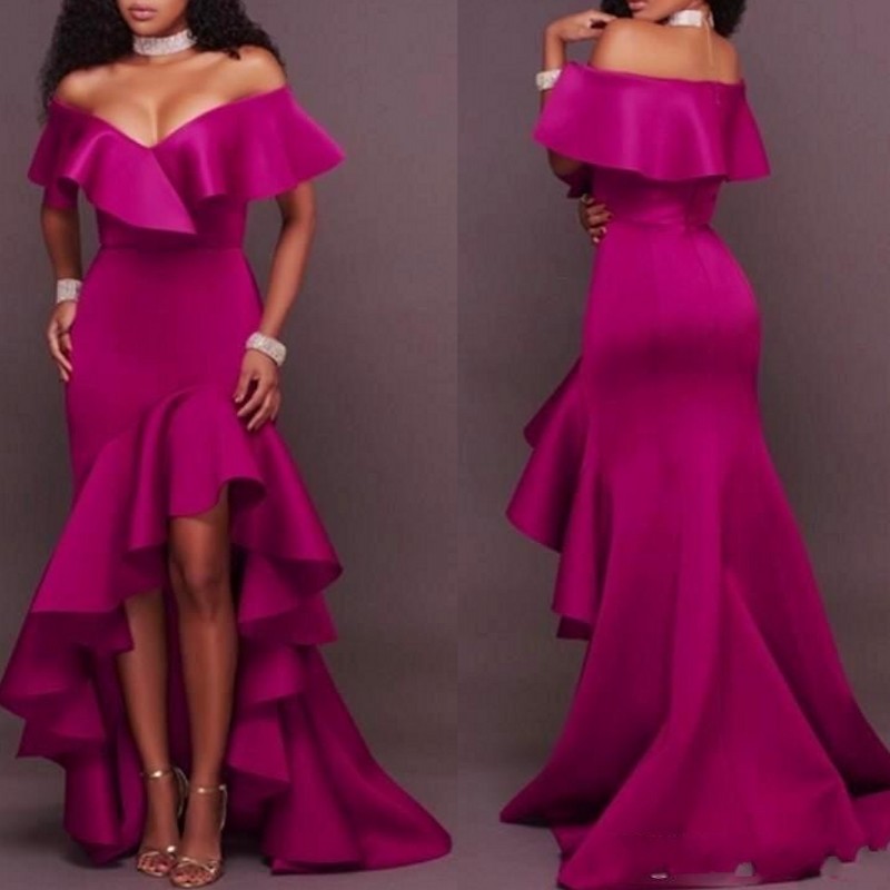 Abendkleider Satin Evening Dresses Hi Low Fuchsia Elegant Evening Gowns Long 2021 robe de soiree vestido longo Formal Dress alx