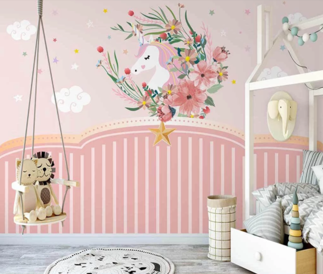 3D Cartoon Colorful Floral Unicorn Animal Pink Wall Mural Wallpaper Lxl