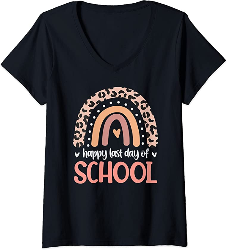 Womens Leopard Rainbow Kindergarten Teacher Last Day Of School V-Neck T-Shirt