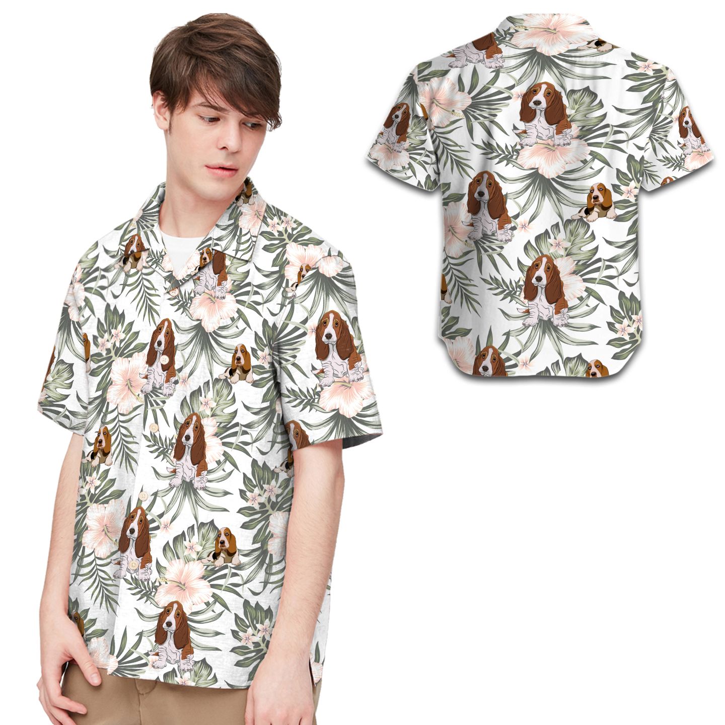 Basset Hound Tropical Leaves Hibiscus Men Hawaii Shirt For Dog Lovers Ha66753