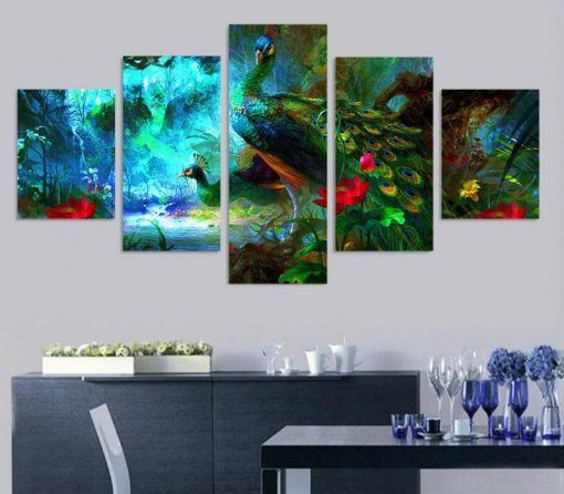 Wallation Colorful Peacocks Landscape Oil Animal 5 Panel Canvas Art Wall Decor