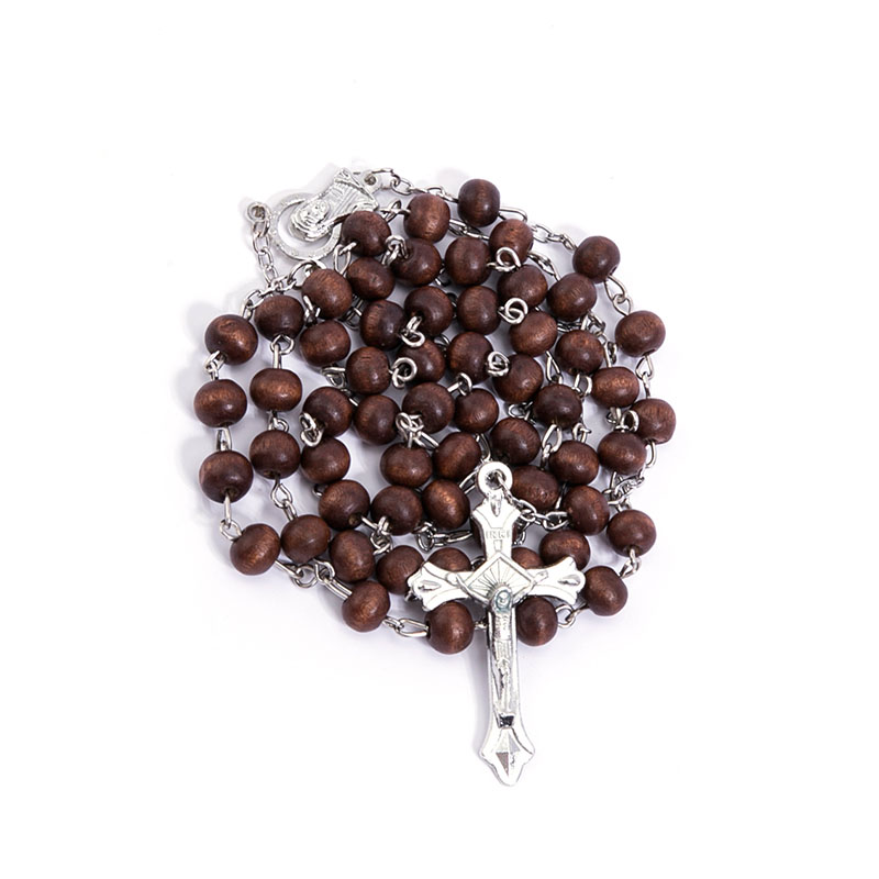 Classic wood beads 6mm rose perfume, prayer rosary, Jesus cross necklace necklace, stylish Catholic religious jewelry. alx