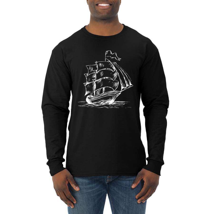 Vintage Pirate Ship Nautical Coastal Sea Ship Humor Mens Long Sleeve Shirt