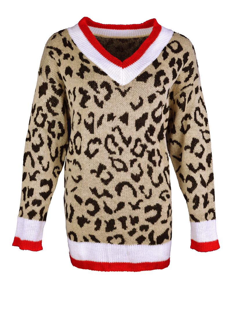 Leopard V Neck Sweater Pullovers Knitwear Boho