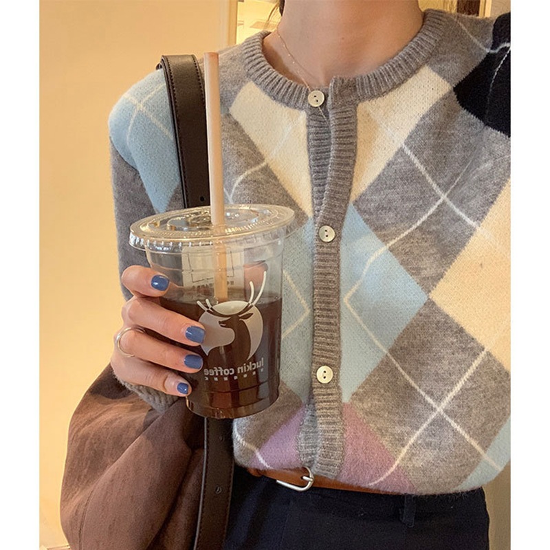 2022 Autumn And Winter Fashion Ladies New Knitted Cardigan Loose Korean Retro Round Neck Plaid Sweater Women’s All-match Blouse alx