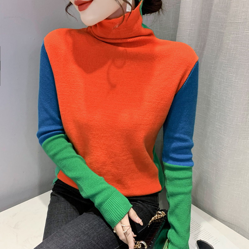 #7408 Knitted Sweaters Turtleneck Women Spliced Color Basic Pullover Woman Sweater Long Sleeved Knitwear Female Korean Fashion alx