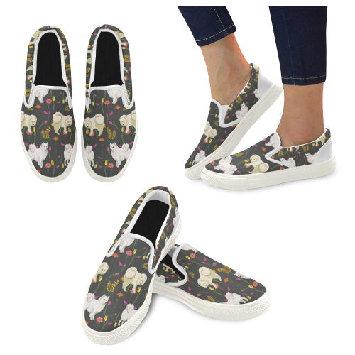 American Eskimo Dog Flower White Women’s Slip-on Canvas Shoes