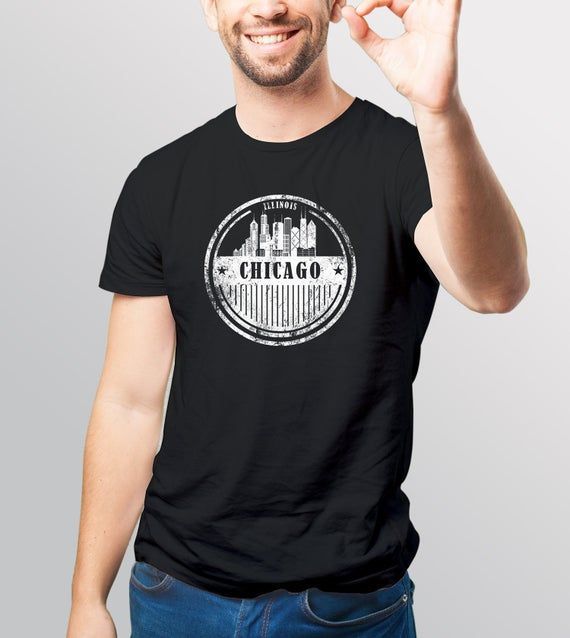 Chicago Grunge Skyline Shirt Retro Cool Vintage Style Design White Panoramic Landmark Art Modern Great Gift Idea Shirt