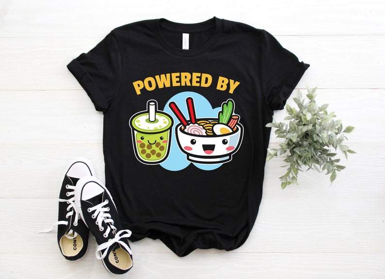 Powered By Bubble Tea Ramen Drink Lover Cute Kawaii Boba T-Shirt, Japanese Noodles, Taiwanese Taiwan Drinking, Bes-teas