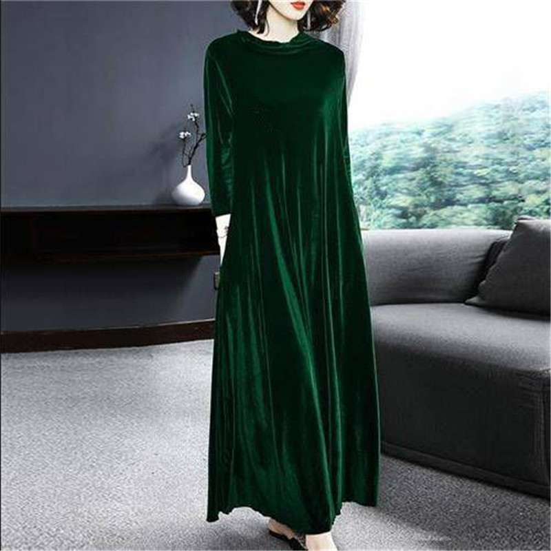 Velvet Dresses Middle Aged Women AutumnThe New 2XL 3XL Casual Loose Long Sleeve Solid Color O-neck Maxi Vintage Vestidos alx