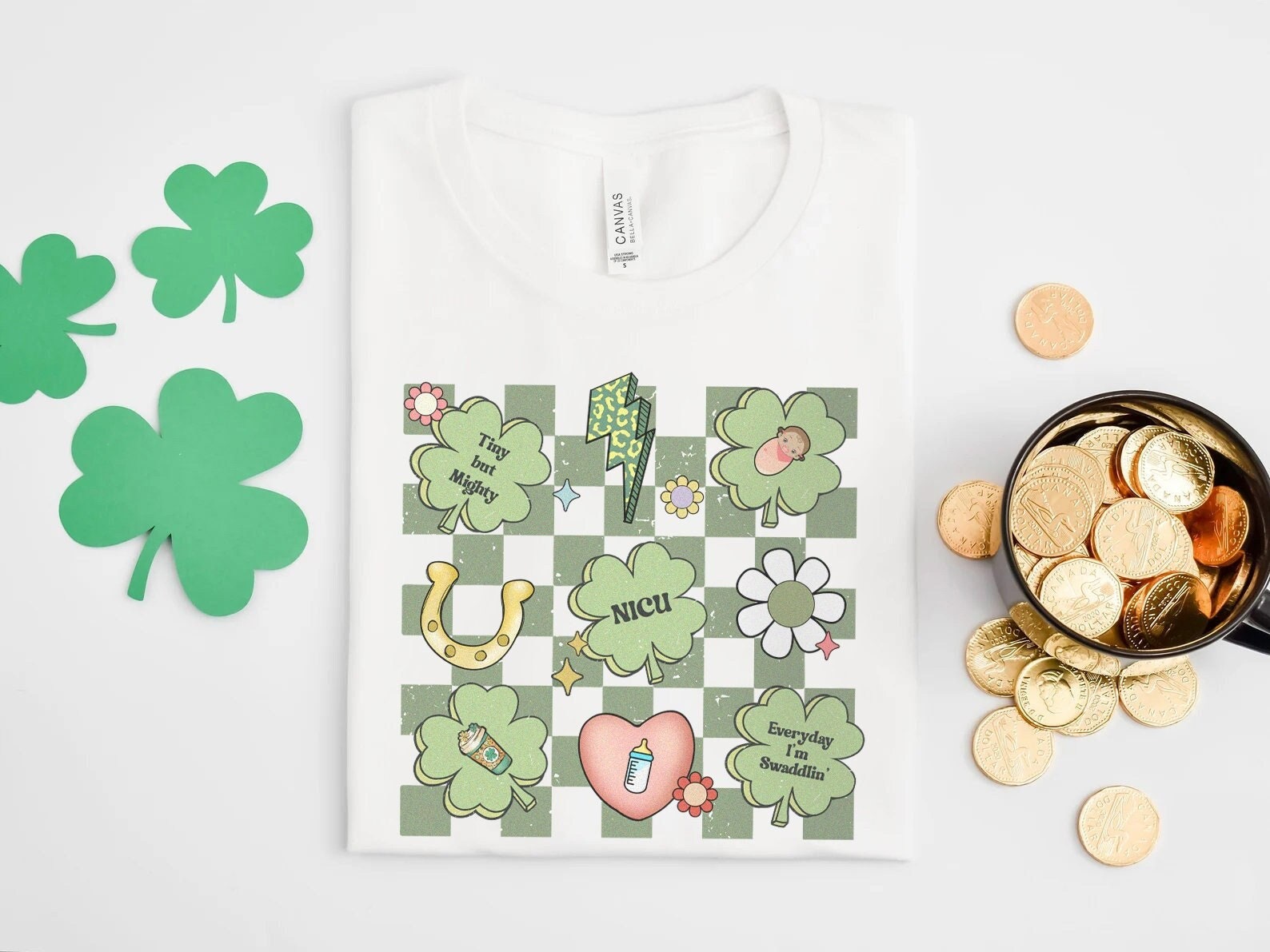 Retro NICU St Patrick’s Day T-Shirt, Lucky NICU Nurse Rn Tech Saint Patty’s Shirt, Neonatal Newborn ICU Checkered Leprechaun Tshirt Gift