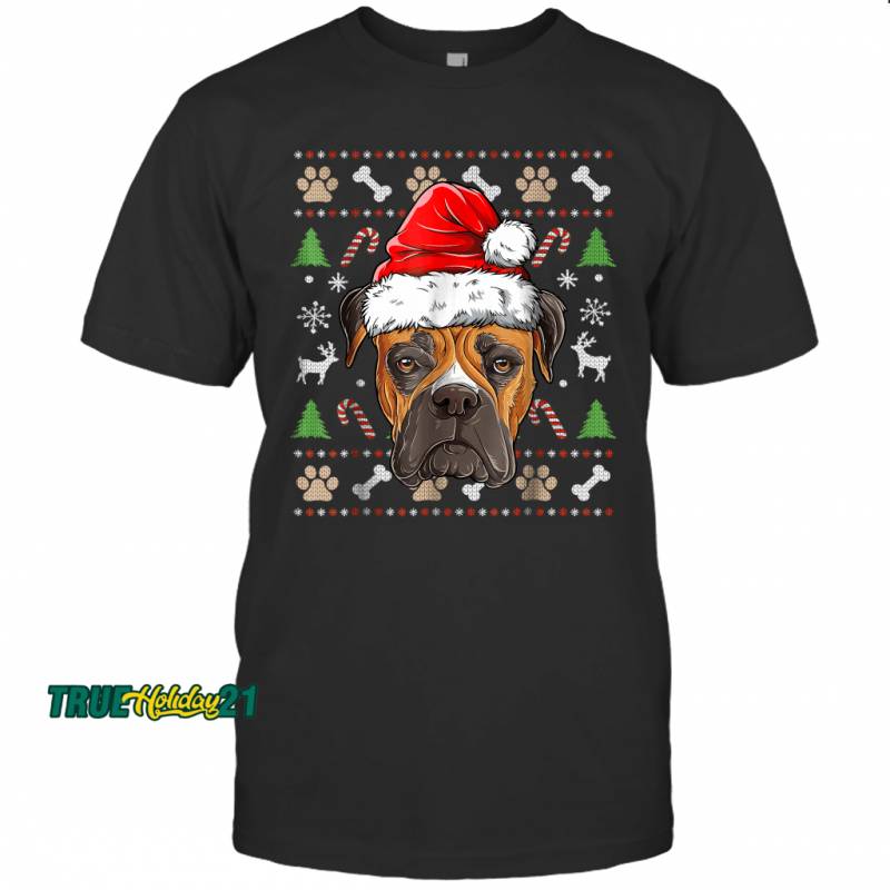 Boxer Ugly Christmas Santa Hat Xmas Dog Boys Girls T-shirt