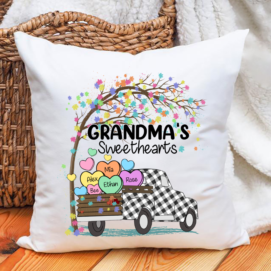 Grandma’S Sweethearts Truck Hearts Kid Names Indoor Pillow