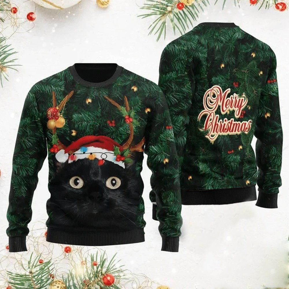 Unifinz Cat Christmas Sweater Merry Christmas Black Cat Christmas Tree 3D Ugly Sweater 2022