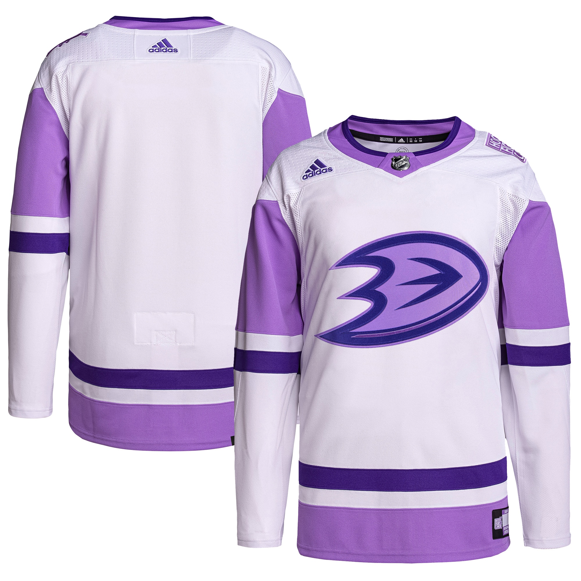 Anaheim Ducks Hockey Fights Cancer Primegreen Authentic Blank Practice Jersey – White/Purple