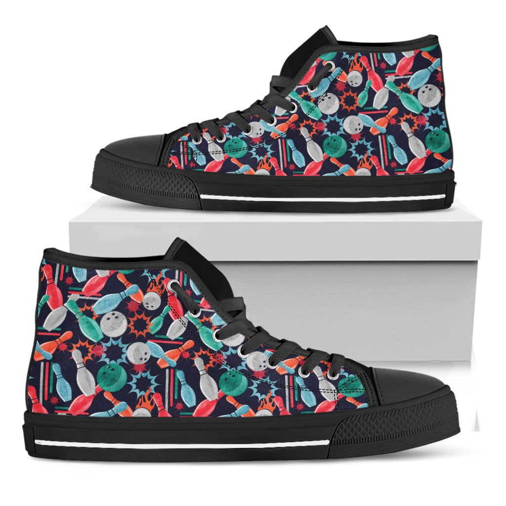 Watercolor Bowling Theme Pattern Print Black High Top Shoes