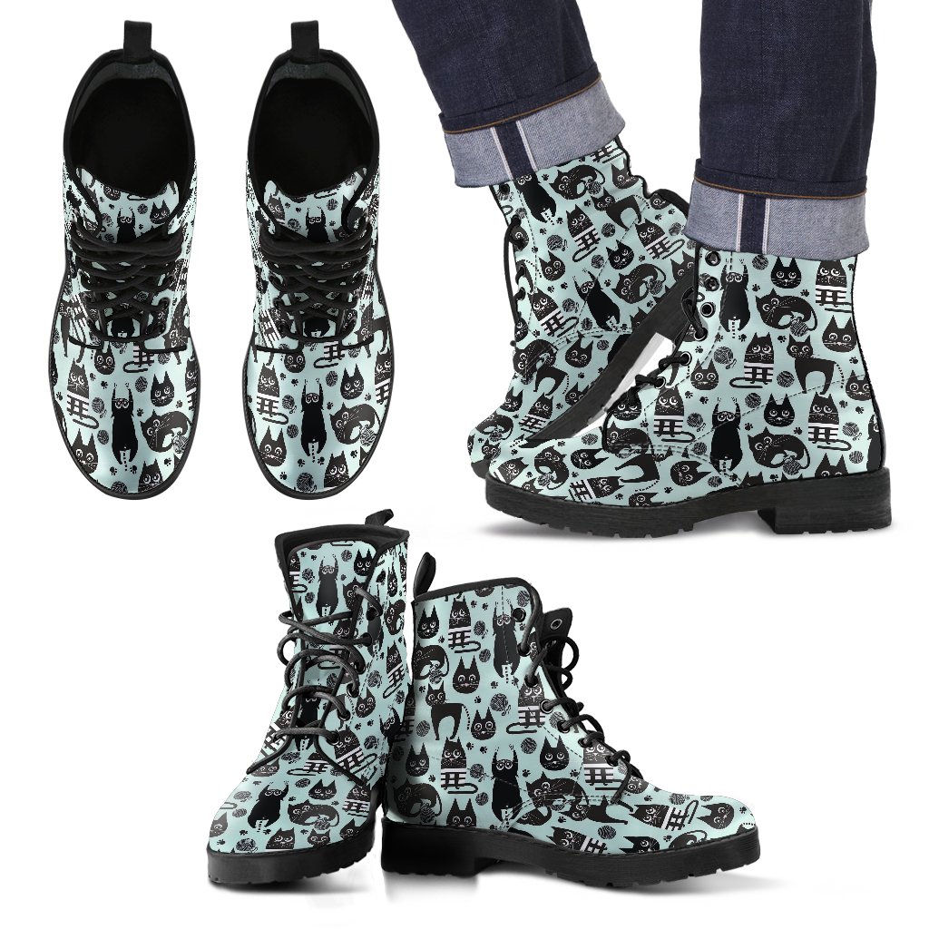 Black Kitten Cat Pattern Print Men Women Leather Boots Fashion Boots Custom Shoes