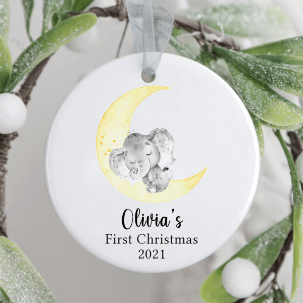 Personalized Baby’S First Christmas Moon Elephant Sleep Ornament