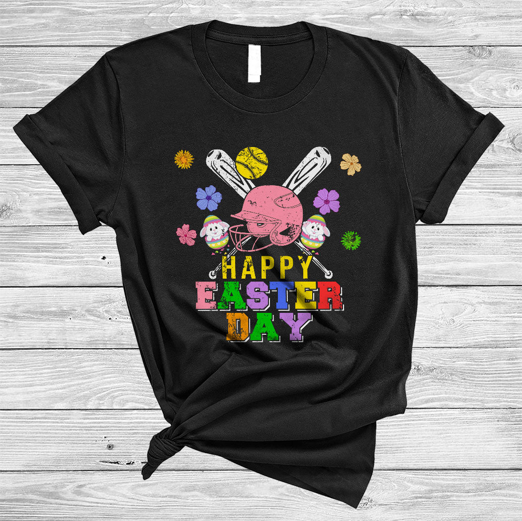 Vintage Happy Easter Day Cute Floral Easter Softball Player Bunny Egg Hunt Lover Gifts T-Shirt