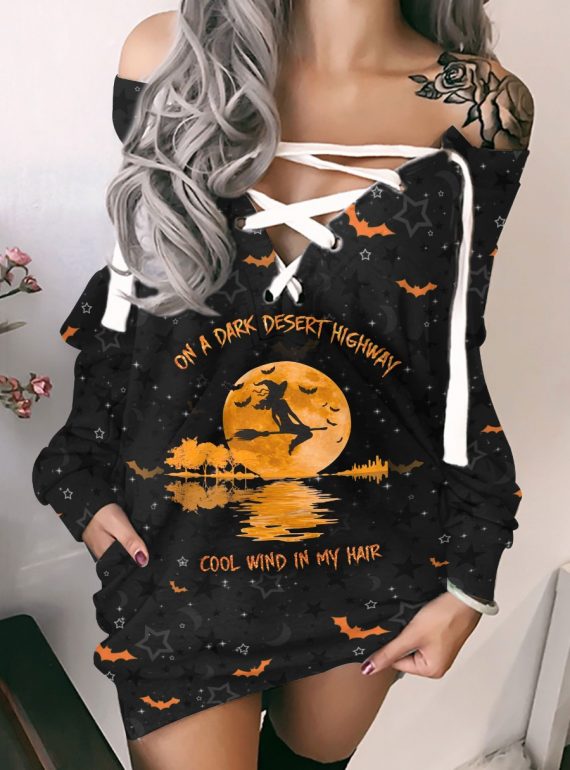 Halloween Gift Halloween Witch On A Dark Desert Highway Cool Wind In My Hair V-Neck Off Shoulder Long Sleeve Dress Hg Gifts For Day Gamedayshirts